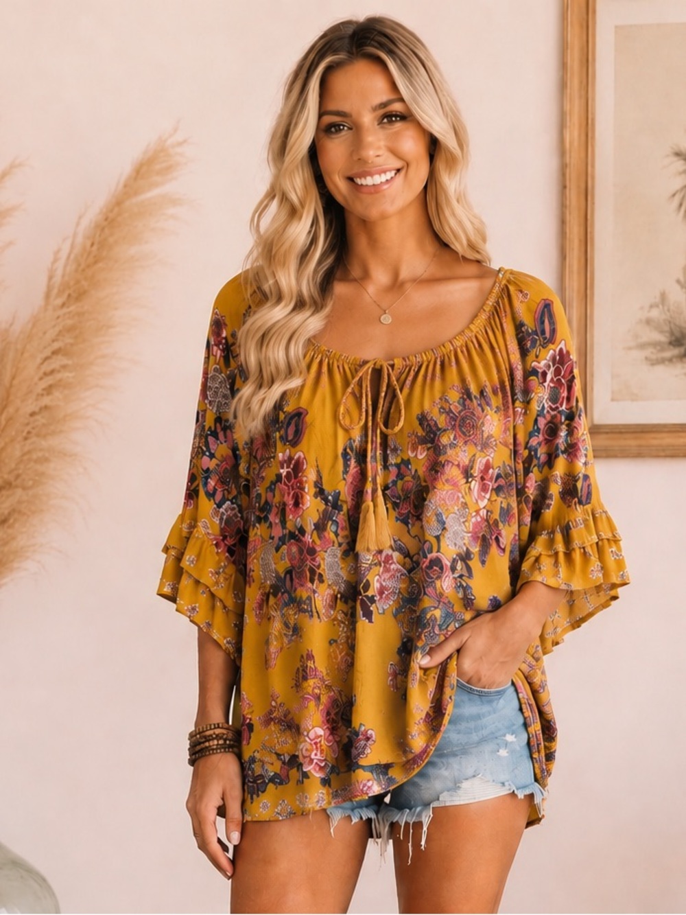 Billabong Boho Chic Mustard Floral Ruffle Sleeve Tassel Tie Blouse